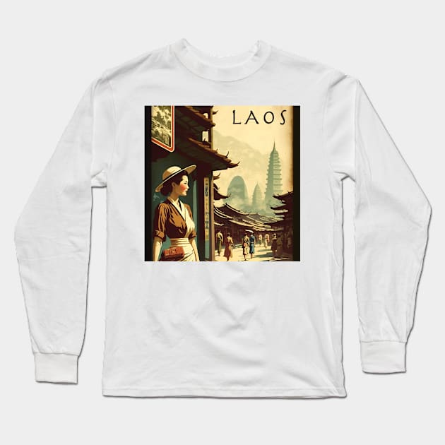 Laos Woman Vintage Travel Art Poster Long Sleeve T-Shirt by OldTravelArt